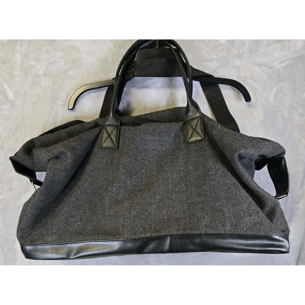 John Varvatos Gray Fabric Black Leather Trim Handles Duffle Bag - Fair